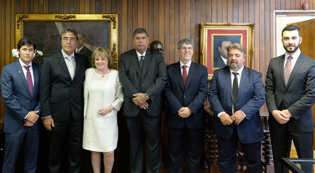 A partir da esquerda, vereadores George Hato, Adilson Amadeu, Edir Sales, Milton Leite, Antonio Donato, Adolfo Quintas e Eduardo Tuma