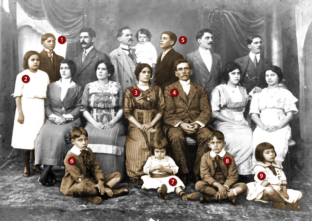 TRADIÇÃO - João Ribeiro de Barros (1) com os pais, Margarida (3) e Sebastião (4), e os irmãos, Thereza (2), Osório (5), José (6), Celina (7), Ismael (8) e Marta (9) Foto: Acervo Museu de Jaú