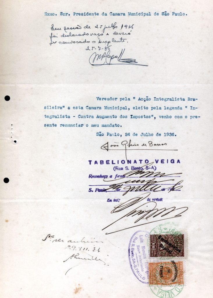 RENÚNCIA - Documento que oficializou o desligamento da CMSP Foto: Arquivo da CMSP