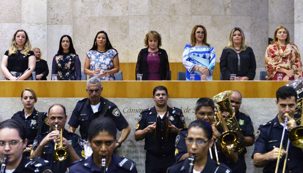 Apresentação da banda da GCM durante homenagem аs mulheres Foto: Equipe de Eventos/CMSP