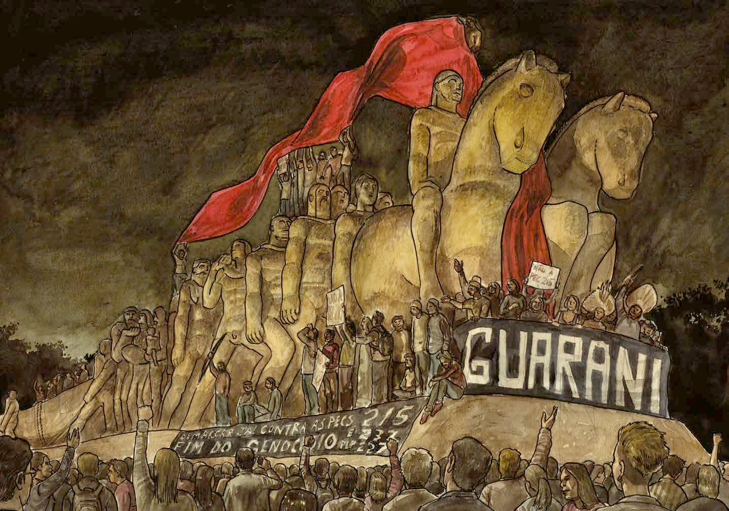 Cena do quadrinho Xondaro, de Victor Flynn Paciornik, mostra protesto indígena no Monumento às Bandeiras, em 2013