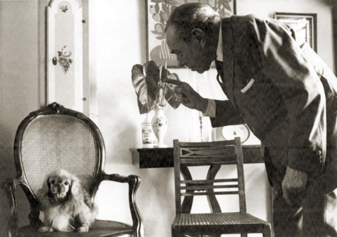 O artista interage com Ling-ling, seu cão pequinês | Foto: Acervo Casa Guilherme de Almeida